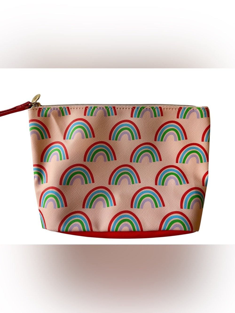 Dabney Lee Rainbow Zipper Pouch with Gold Medallion Charm and Red Accent Bottom